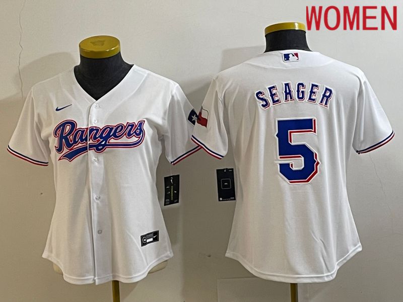 Women Texas Rangers #5 Seager White Game Nike 2023 MLB Jersey style 1->women mlb jersey->Women Jersey